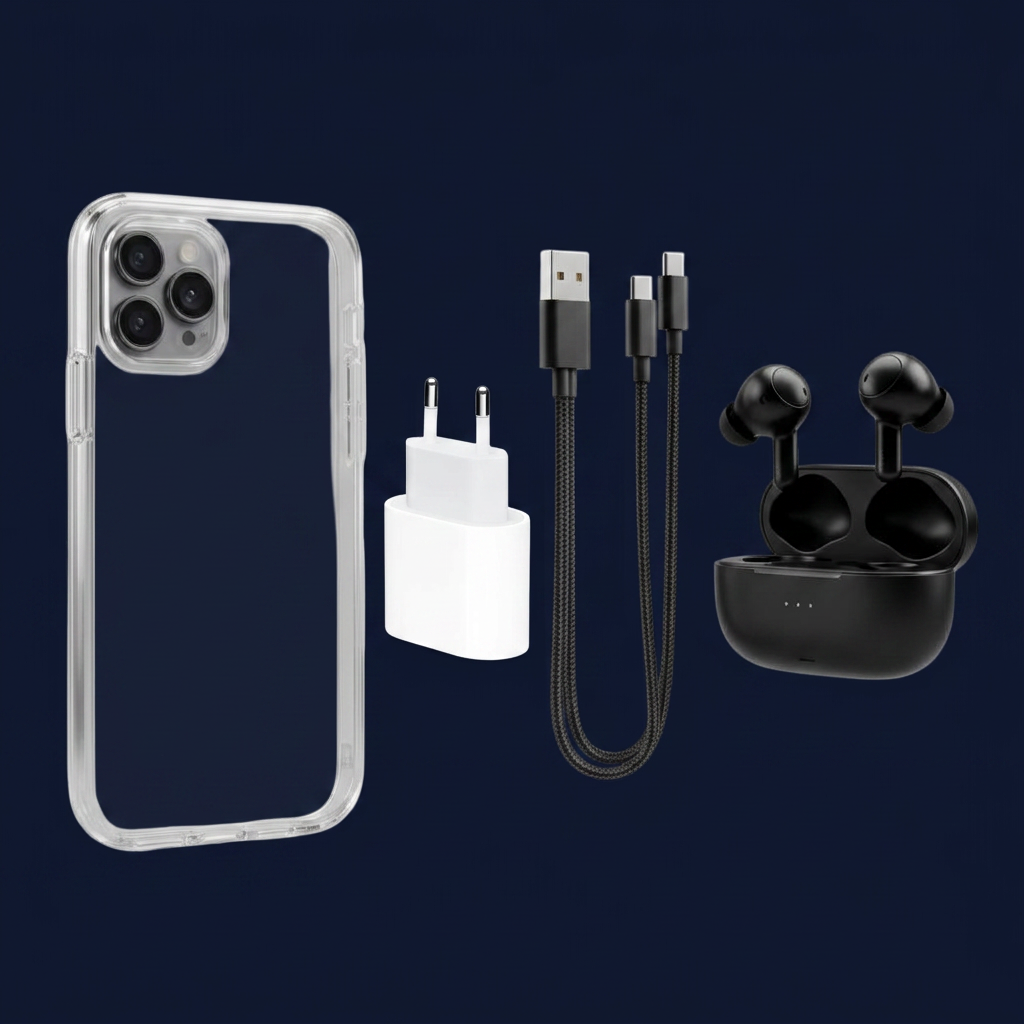 Capinhas, carregadores, cabos e fones
